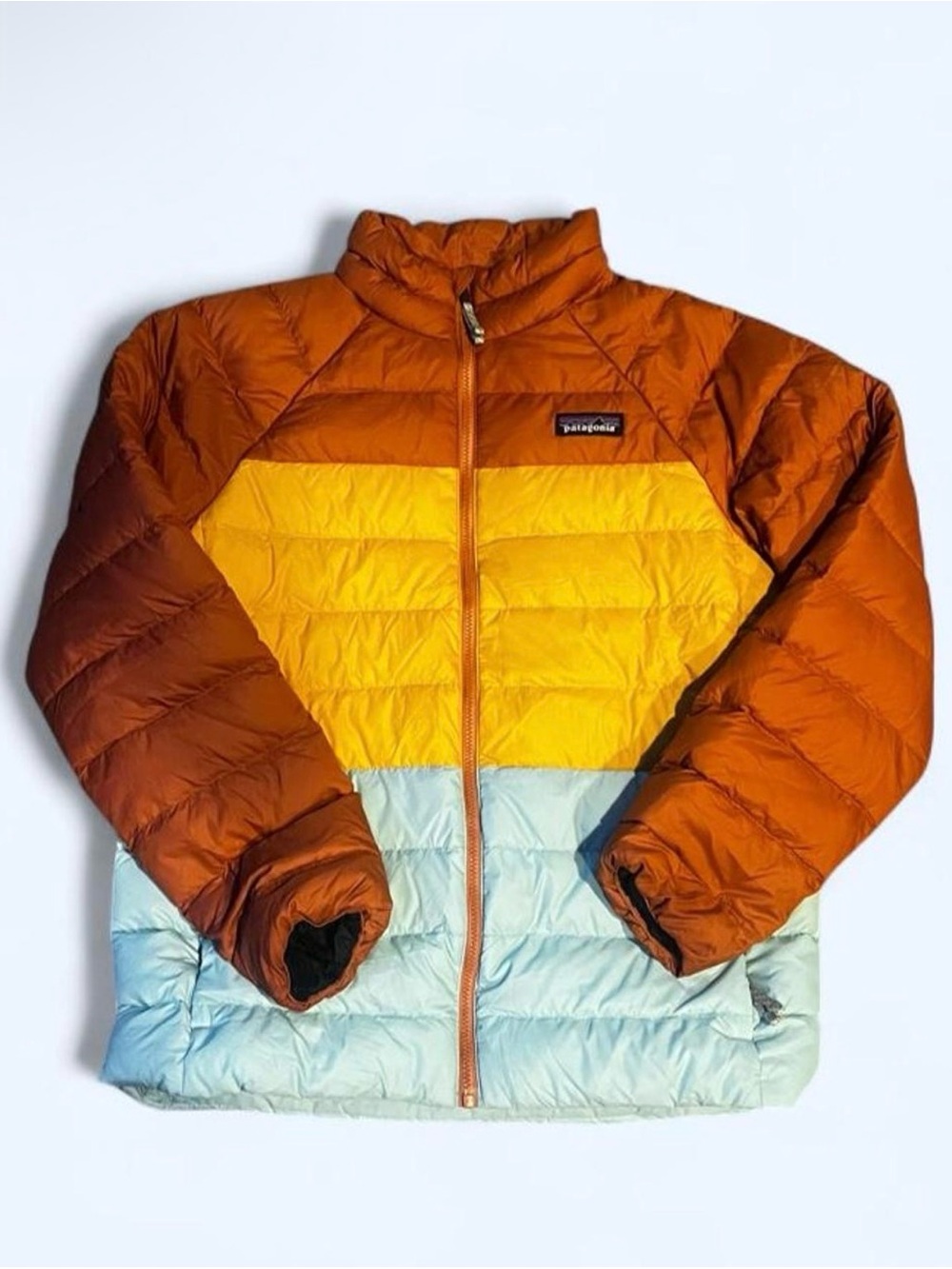 Patagonia Kids Colorblock Puffer Jacket - Rust Orange, Yellow & Light Blue